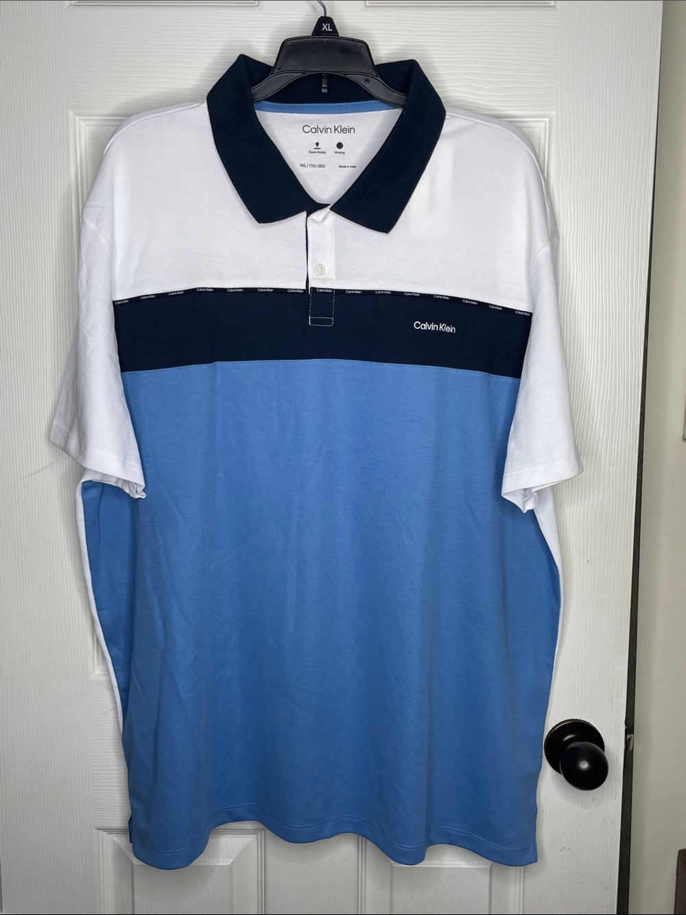 Calvin Klein White, Navy & Light Blue Colorblock Polo. Size XXL